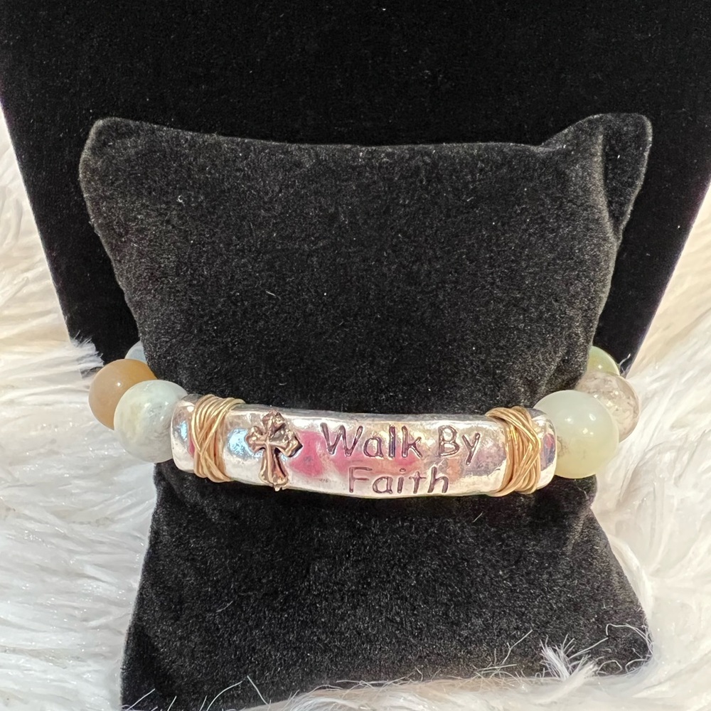 Women’s “Walk By Faith” Silvertone Goldtone Cross, Beaded Bracelet